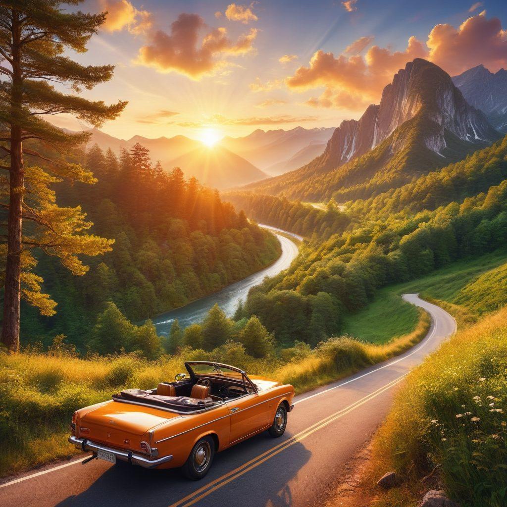 A picturesque landscape featuring a winding road through scenic mountains and lush forests, with a stylish convertible car parked at a scenic overlook. Include a vibrant sunset casting golden hues, and a suitcase on top of the car symbolizing adventure. Add subtle details like travel maps and a camera for capturing memories. super-realistic. vibrant colors. outdoor setting.