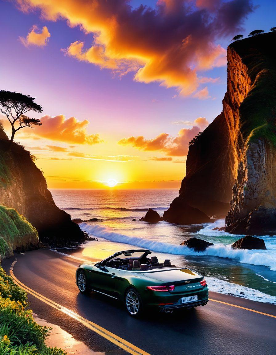 A dynamic scene showcasing a picturesque coastal road with a vibrant sunset in the background, featuring a sleek convertible car parked at the viewpoint. Lush green hills and sparkling ocean waves enhance the allure of exploration. Include silhouettes of excited travelers preparing to embark on their adventure. super-realistic. vibrant colors. 3D.