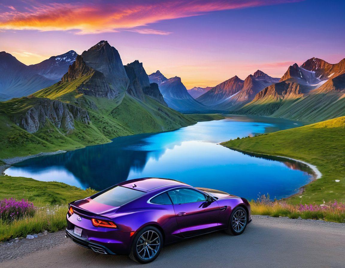 A breathtaking panoramic view of diverse landscapes, featuring lush green hills, a sparkling blue lake, rugged mountains, and a vibrant sunset. Include a stylish car parked on a scenic overlook, inviting viewers to envision their adventurous journey ahead. The colors should be vivid, highlighting the natural beauty of the surroundings. super-realistic. vibrant colors. wide-angle.